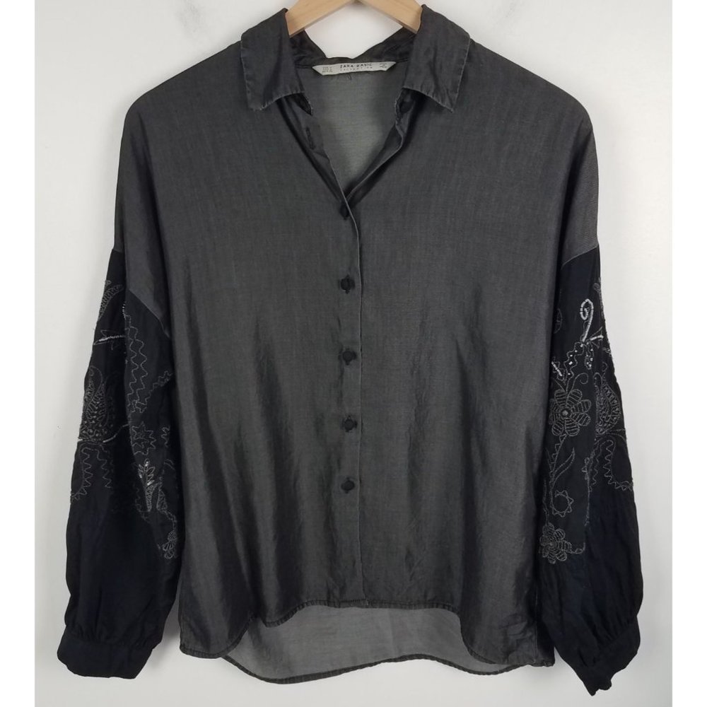 Zara Basic Women's Sz. S Button Up Chambray Embroidered Balloon Sleeve Top